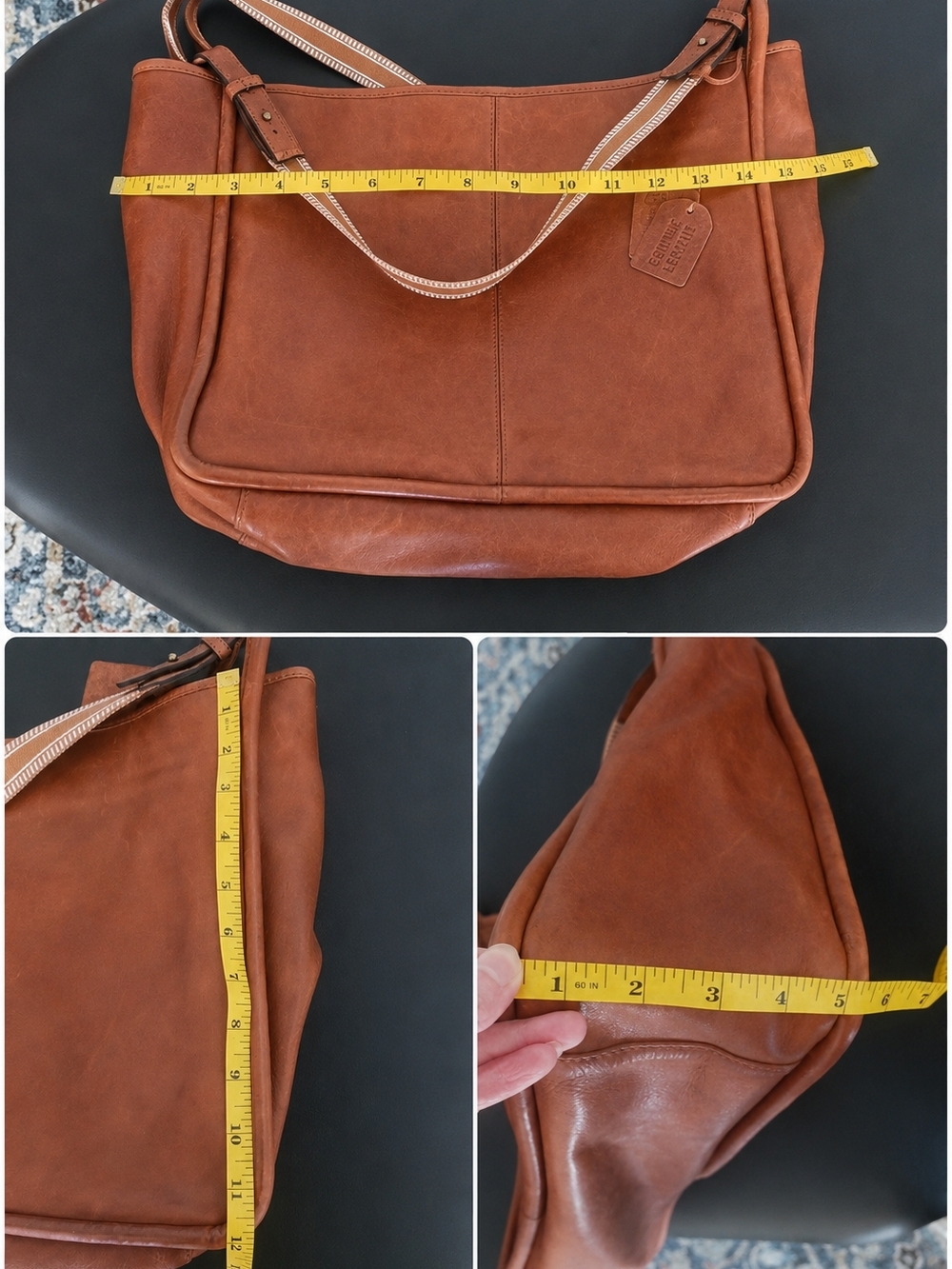 Genuine Leather Buttery Soft Shoulder Tote Bag - Cognac Brown - Picture 4 of 4